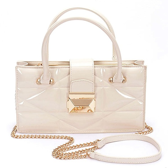 Ivory Faux Patent Leather Convertible Top Handle Swing Bag - Picture 1 of 12